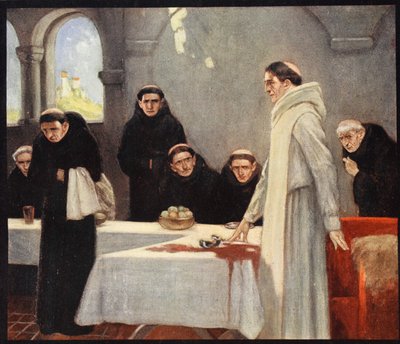 Święty Benedykt i mnisi, ilustracja z „Helmet & Cowl: Stories of Monastic and Military Orders” W.M. Letts i MFS Lets autorstwa Stephen Reid