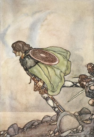 Poprowadzili go po wzgórzu i samolocie, ilustracja z „Wielkich czynów Finna i innych romansów bardyjskich starożytnej Irlandii” T.W. Rolleston (kolor lito) autorstwa Stephen Reid