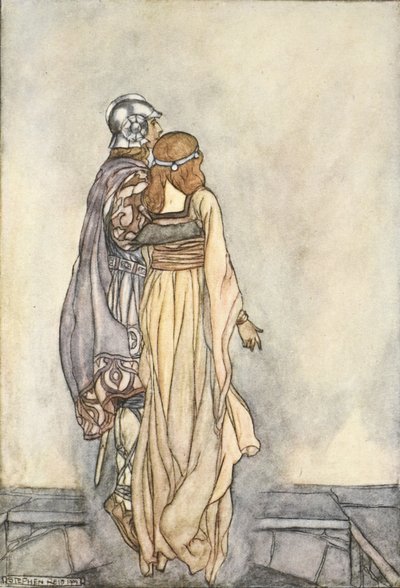 Wzniosły się w powietrzu, ilustracja z „Wielkich czynów Finna i innych romansów bardyjskich starożytnej Irlandii” autorstwa T.W. Rolleston (kolor lito) autorstwa Stephen Reid