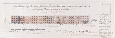 Projekt domów po obu stronach planowanej ulicy, rozciągających się w odpowiedniej linii od Mansion-House do More-Gate, pokornie zaproponowany do rozważenia, 1762 (wc nad piórem i grafitem na papierze wykładanym) autorstwa Stephen Riou