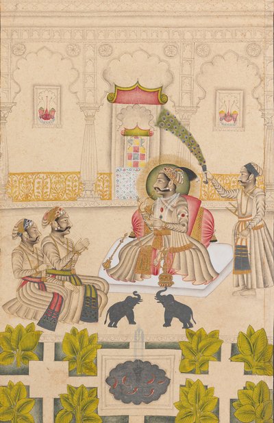 Maharana Amar Singh II zostaje pokazany Dwa srebrne słonie, ca. 1705. autorstwa Stipple Master