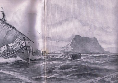 Niemiecka łódź podwodna podróżująca przez Cieśninę Gibralterską w drodze do Dardenelles, z wyd. Ilustrowana historia wojny światowej 1914-1915. przez Union Berlagsefellfchaft autorstwa Willy Stoewer 
