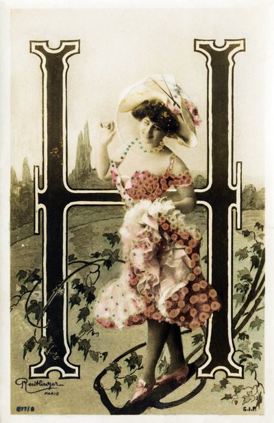 H : Constance Elise De Vere, francuska aktorka pochodzenia angielskiego, urodzona w Belgii - Theatre Marigny, Paryż - Alfabet na pocztówce autorstwa Studio Reutlinger