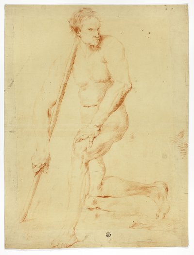 Akademicki akt męski opierający się o laskę autorstwa Style of Pompeo Girolamo Batoni