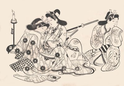 Siedzący samuraj i kurtyzana, sługa obok nich, ca. 1685., ca. 1685. autorstwa Sugimura Jihei