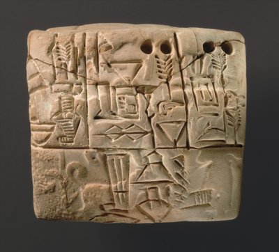 Tabliczka z pismem klinowym przedstawiająca relacje z dystrybucji jęczmienia, ok. 3000 p.n.e. (glina) autorstwa Sumerian