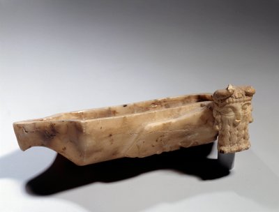 Sztuka Mezopotamii: Lampa ozdobiona bykiem androcefal (w albatre) Okres sumeryjski (około 2400 pne). Paryż, Musee du Louvre autorstwa Sumerian Mesopotamian School