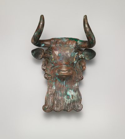 Ozdoba głowy byka na lirę, ok. 2600-2350 pne (brąz, inkrustowany muszlą i lapis lazuli) autorstwa Sumerian Sumerian