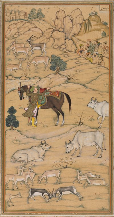 Akbar dosiadający konia, strona z Chester Beatty Akbar Nama History of Akbar, 1605-07. autorstwa Sur Das Gujarati