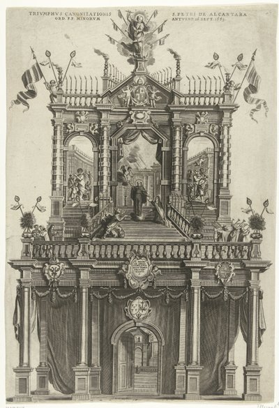 Brama triumfalna wzniesiona w Antwerpii z okazji kanonizacji Piotra z Alkantary w 1669 r. Triumphus Canonizationis S. Petri de Alcantara Ord. F.F. Minorum Antwerp. 16 września 1669 (tytuł na obiekcie) autorstwa Susanna Verbruggen (signed by artist)