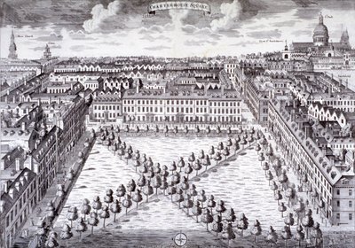 Widok z lotu ptaka na Charterhouse Square, Finsbury, Londyn, ok. 1750 autorstwa Sutton Nicholls