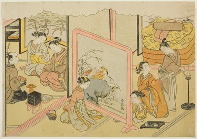 Filiżanka Sake przed snem (Toko sakazuki), szósty arkusz serii „Małżeństwo w rycinach brokatowych, powóz cnotliwej kobiety (Konrei nishiki misao-guruma)” autorstwa Suzuki Harunobu