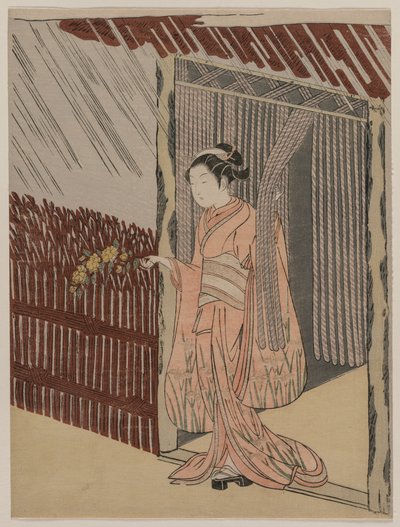 Dziewczyna ubierająca się na różowo, 1766. autorstwa Suzuki Harunobu