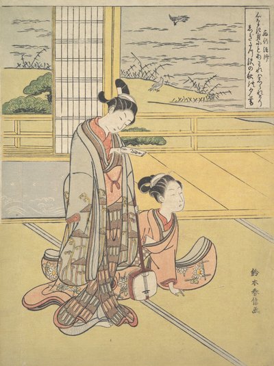 Młody mężczyzna i kobieta z Shamisenem, mnich Saigyo, z cyklu nawiązującego do Tr..., ca. 1768. autorstwa Suzuki Harunobu