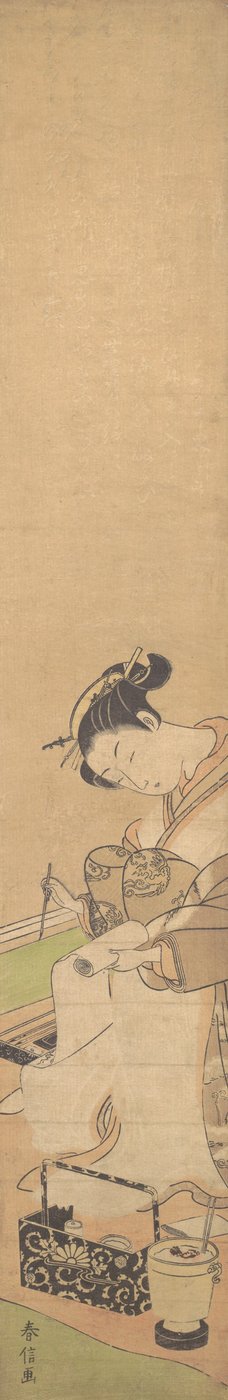 Oiran siedzący na łóżku, piszący list, ca. 1769 r., ok. 1769 r. 1769. autorstwa Suzuki Harunobu
