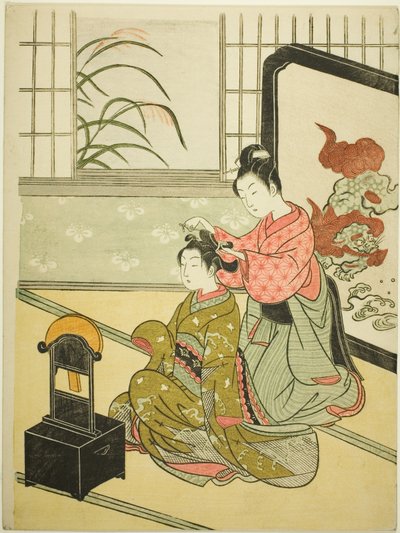 Jesienny księżyc w lustrze (Kyodai no shugetsu), z serii „Osiem widoków salonu (Zashiki hakkei)” autorstwa Suzuki Harunobu