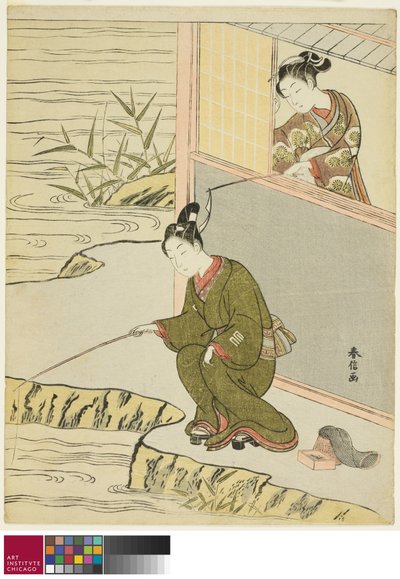 Piękno drażni młodego mężczyznę łowiącego ryby, c. 1768 autorstwa Suzuki Harunobu