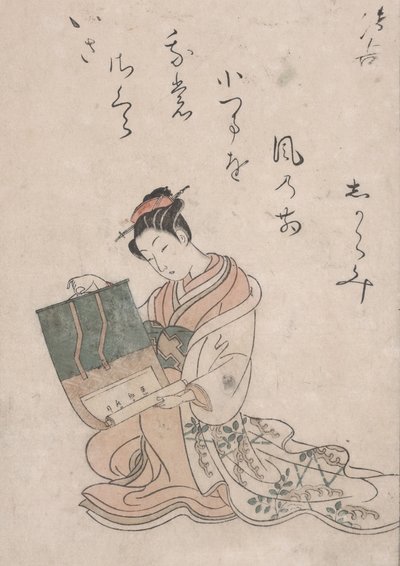 Beauty Unrolling Scroll, ok. 1770 (kolorowy drzeworyt na japońskim papierze) autorstwa Suzuki Harunobu