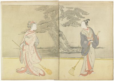 Druk kalendarzowy Meiwa 2 i mitate of the No_ Play Takasago, 1765 autorstwa Suzuki Harunobu