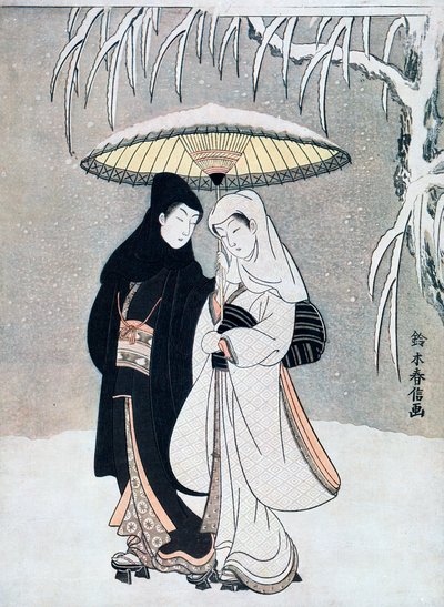 Crow and Heron, czyli młodzi kochankowie idący razem pod parasolem podczas śnieżycy, ok. 1769. autorstwa Suzuki Harunobu
