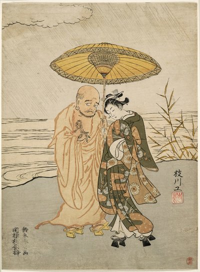 Daruma i młoda kobieta w deszczu autorstwa Suzuki Harunobu
