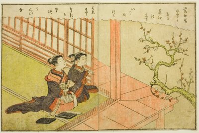 Dwustronicowa ilustracja z tom. 1 z „Picture Book of Spring Brocades (Ehon haru no nishiki)” autorstwa Suzuki Harunobu