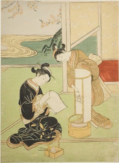 Wieczorna poświata lampy (Andon no sekisho), z serii „Osiem widoków salonu (Zashiki hakkei)” autorstwa Suzuki Harunobu