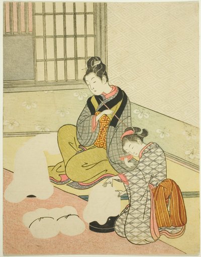 Wieczorny śnieg na maszynce do nici (Nurioke no bosetsu), z serii „Osiem widoków salonu (Zashiki hakkei)” autorstwa Suzuki Harunobu