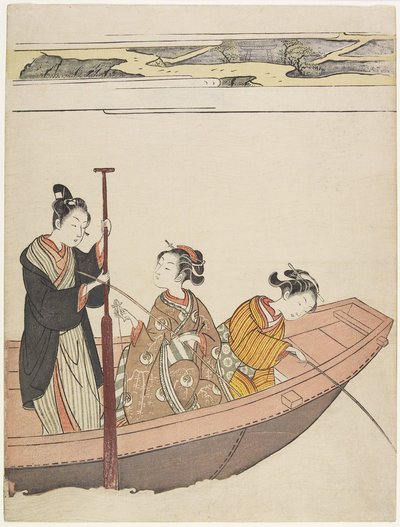 Wędkowanie w pobliżu sanktuarium Mimeguri na rzece Sumida, ok. 1930 r. 1767 autorstwa Suzuki Harunobu