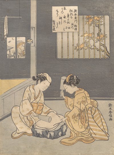 Fulling Cloth nad Jewel River Kinuta no Tamagawa, ca. 1768 r., ok. 1768 r. 1768. autorstwa Suzuki Harunobu