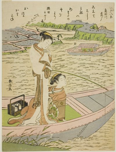 Gęsi schodzące na rzekę Sumida (Sumidagawa no rakugan), z serii „Osiem modnych widoków Edo (Furyu Edo hakkei)” autorstwa Suzuki Harunobu