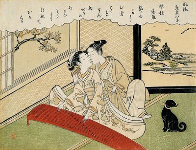Gęsi schodzące po mostach koto ( Kotoji rakugan) z zestawu "Osiem modnych widoków salonowych (Furyu zashiki hakkei)". autorstwa Suzuki Harunobu