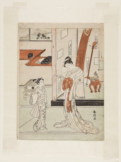 Geisha and Attendant (kolorowy drzeworyt) autorstwa Suzuki Harunobu