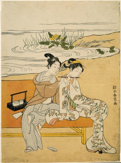 Kochankowie grający na tym samym flecie (parodia Xuanzonga i Yang Guifei), ok. 1767 (kolorowy drzeworyt; chuban) autorstwa Suzuki Harunobu