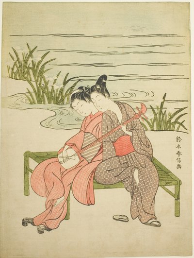 Lovers Playing the Same Shamisen (parodia Xuanzonga i Yang Guifei) autorstwa Suzuki Harunobu