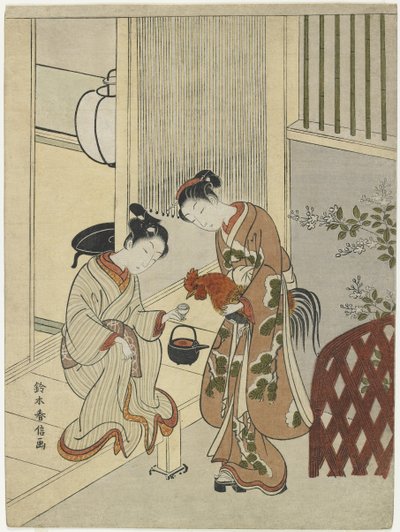 Kochankowie puszczający koguta z sake, ok. 1930 r. 1767 autorstwa Suzuki Harunobu