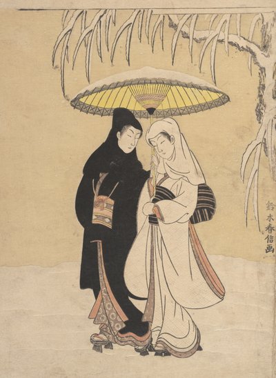 Kochankowie spacerujący w śnieżnej wronie i czapli, 1764-72., 1764-72. autorstwa Suzuki Harunobu
