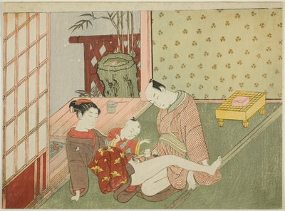Lovers with Young Attendant Patrząc, z serii grafik erotycznych bez tytułu autorstwa Suzuki Harunobu