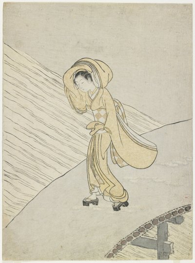 Mitate poematu Fujiwara no Teika "Przekraczając Sano", 1765 r. autorstwa Suzuki Harunobu