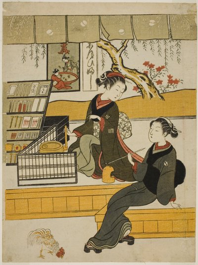 Ofuji, Shop Girl z Motoyanagiya, z klientem autorstwa Suzuki Harunobu