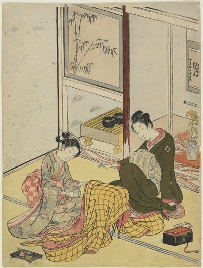 Perfumowanie szaty jako mitatu czterech eleganckich rozrywek, jesień 1767 (kolorowy drzeworyt) autorstwa Suzuki Harunobu
