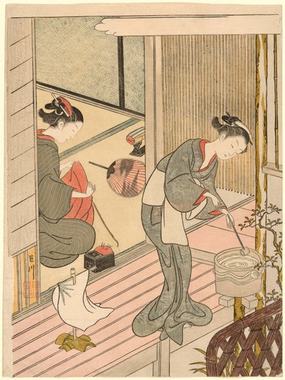 Powracające żagle wieszaka na ręczniki (Tenugui-kake no kihan), z serii „Osiem widoków salonu (Zashiki hakkei)” autorstwa Suzuki Harunobu