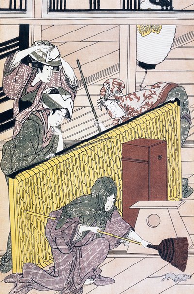 Sługa goniący myszy w domu, grafika ukiyo-e autorstwa Suzuki Harunobu (1725-1770), drzeworyt, cywilizacja japońska, okres Edo autorstwa Suzuki Harunobu