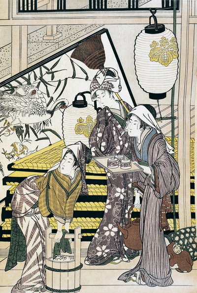 Słudzy w domu, grafika ukiyo-e autorstwa Suzuki Harunobu (1725-1770), drzeworyt, cywilizacja japońska, okres Edo autorstwa Suzuki Harunobu