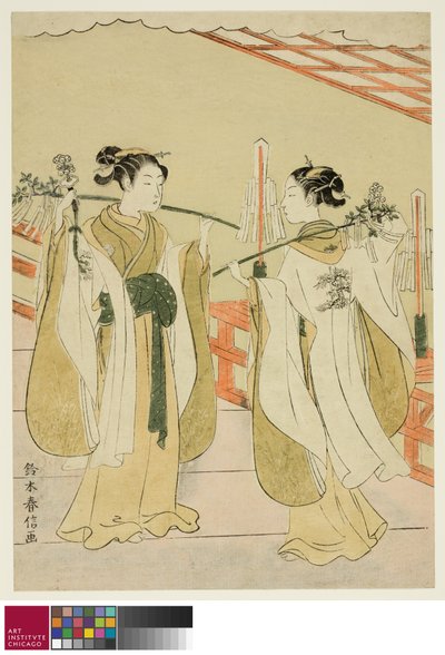 Shrine Maidens Onami and Ohatsu Dancing at Yushima Tenjin Shrine, c.1769 autorstwa Suzuki Harunobu