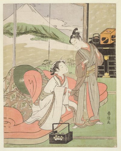 T H Riches 1913 Kochanek biorący urlop kurtyzany, ok.1768-9 (drewnodruk) autorstwa Suzuki Harunobu