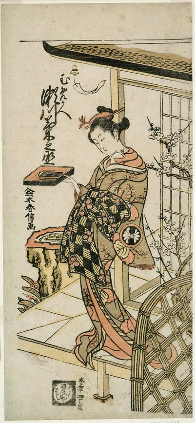 Aktor Segawa Kikunojo II jako kurtyzana Umegae w sztuce „Hiragana Seisuiki”, wystawionej w Teatrze Ichimura w pierwszym miesiącu 1764 autorstwa Suzuki Harunobu