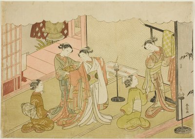 Panna młoda w przebraniu (Iro-naoshi), piąty arkusz z serii „Małżeństwo w nadrukach brokatowych, powóz cnotliwej kobiety (Konrei nishiki misao-guruma)” autorstwa Suzuki Harunobu