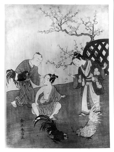 Walka kogutów (drewnodruk) autorstwa Suzuki Harunobu