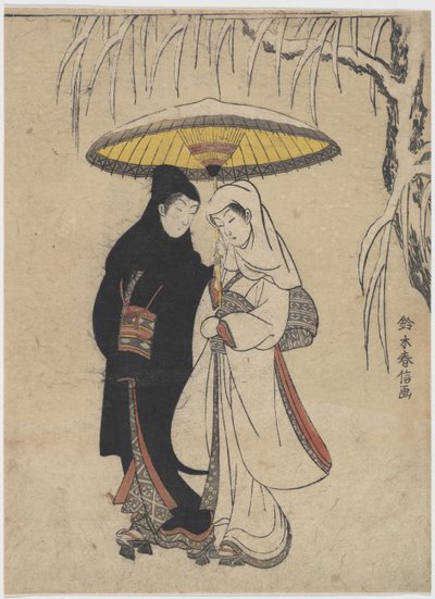 Sztuka Wschodu: Młodzi kochankowie spacerujący razem pod parasolem w burzy śnieżnej, par Harunobu, Suzuki (1724-1770), ok. 1769. Kolorowy drzeworyt, 25,7x19,1. Prywatna kolekcja autorstwa Suzuki Harunobu